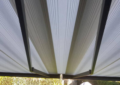 View of underneath striped Tiger Awning